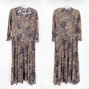 Zoe Vintage Patchwork Paisley Print Brown Button Front Shirt Dress Size M